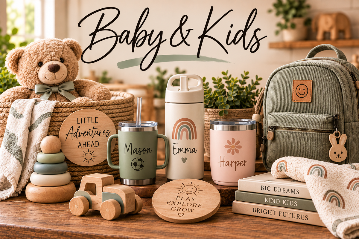Baby and Kids collection featuring personalized gifts, toys, drinkware and keepsakes