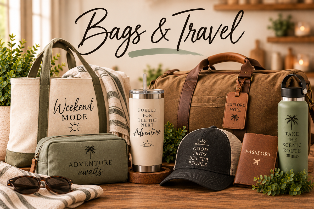 Bags and Travel collection featuring custom tote bag, travel pouch, luggage tag and travel accessories