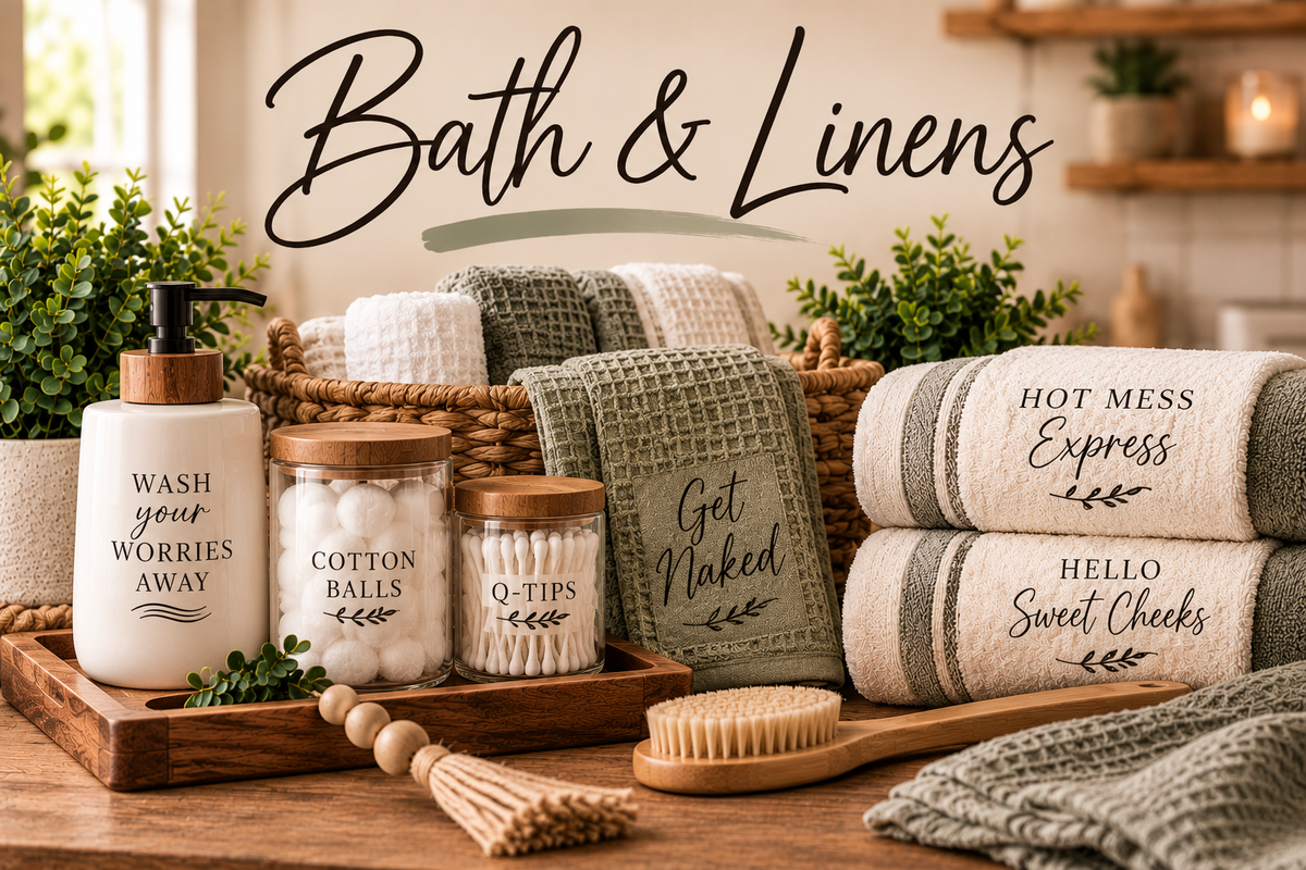 Bath and Linens collection featuring custom towels, wash cloths and bathroom accessories