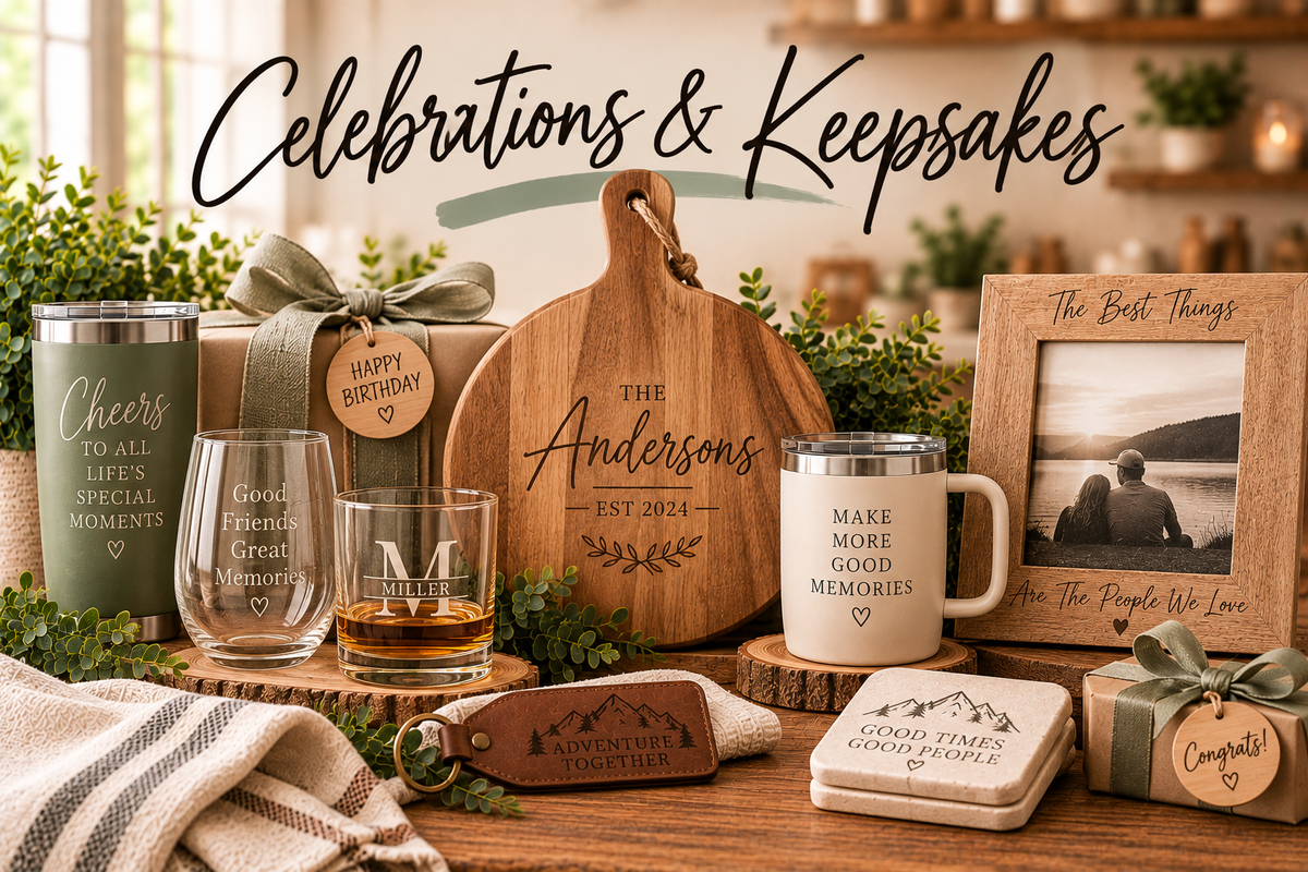 Celebrations and Keepsakes collection featuring personalized gifts, drinkware, keepsakes and special occasion pieces