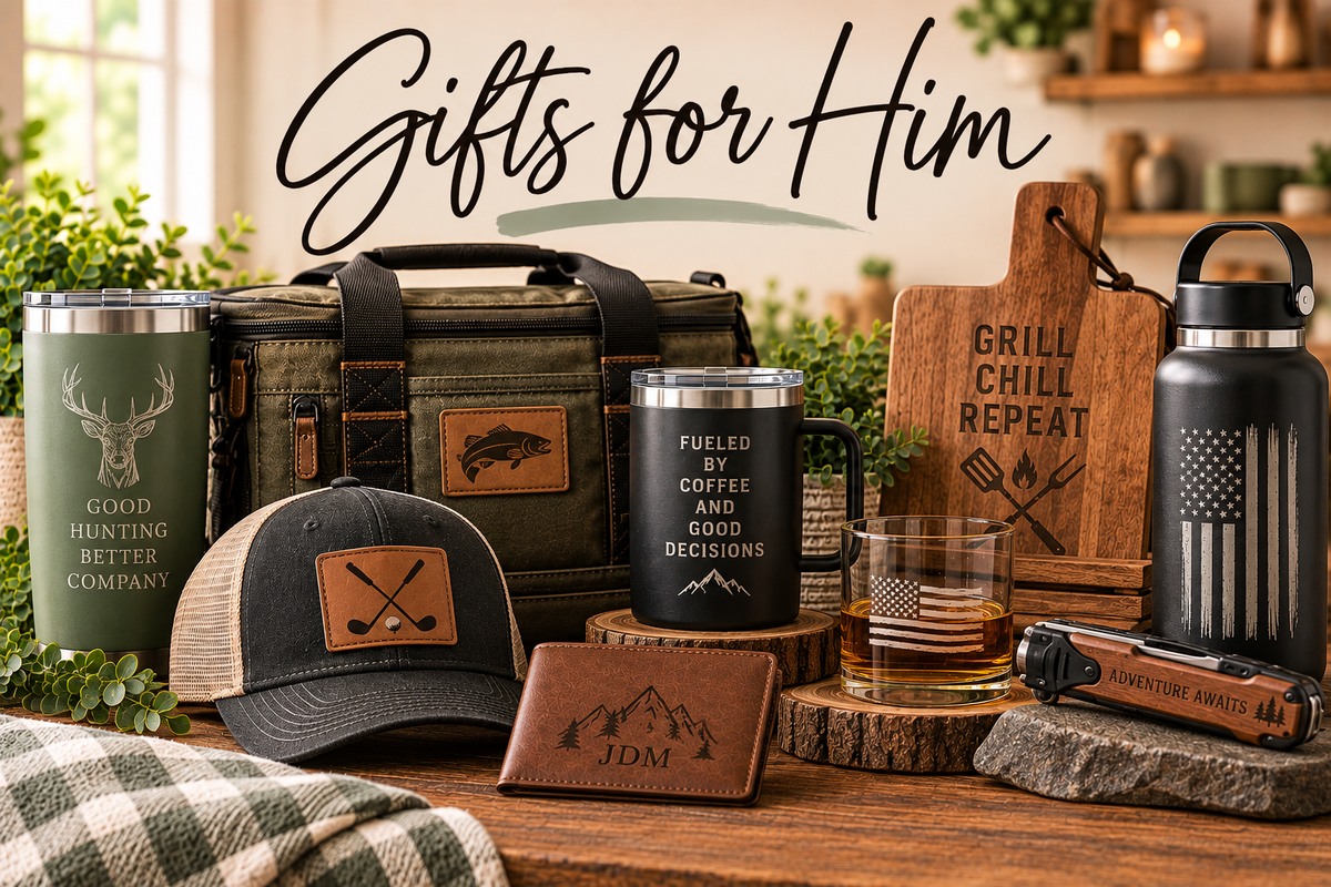 Gifts for Him collection featuring custom drinkware, grilling gifts, wallet and outdoor accessories