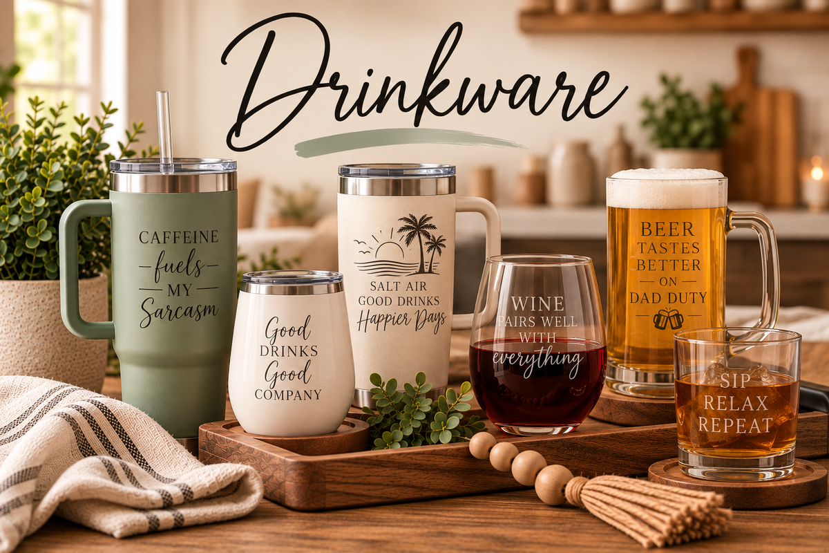 Drinkware collection featuring personalized tumblers, wine glass, beer mug and whiskey glass
