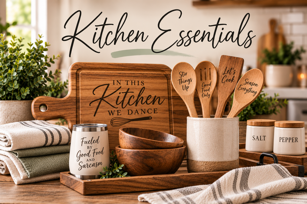 Kitchen Essentials collection featuring personalized boards, utensils, towels and kitchen gifts